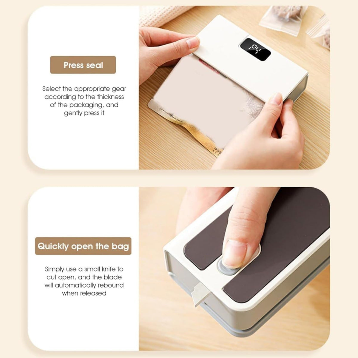 Covitezy 2 in 1 Rechargeable Bag Sealer with Cutter, Portable Heat Sealing Machine with LED Display for Kitchen