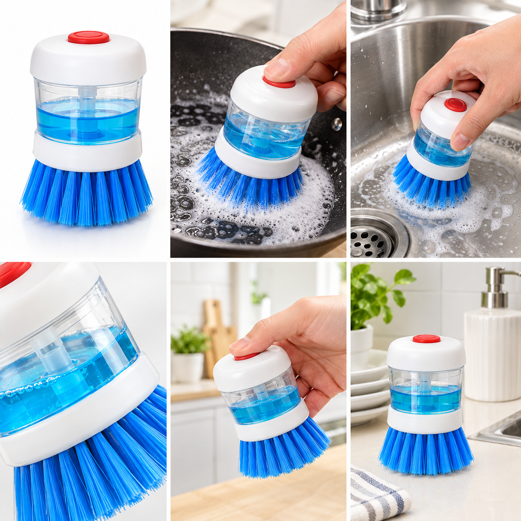 Single Sided Plastic Dish Washbasin Cleaning Brush With Liquid Soap Dispenser, Bristle Material: Microfiber