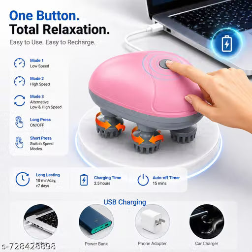 WDS Rechargeable Electric Head Massager | Scalp Massage Machine for Hair Care | Waterproof Hair & Body Massager for Daily Relaxation (Pink)